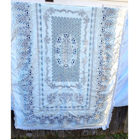 Alpha Ittech Tex Printed Blue Gray Silver Floral Tablecloth 85x53 Geometric Star - Picture 2 of 11